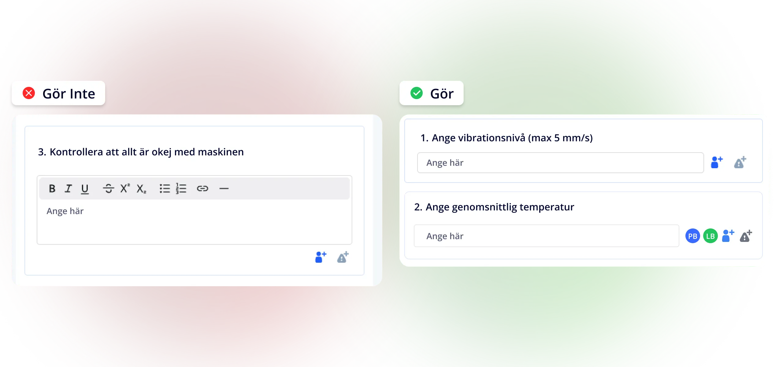 Jämförelse av vaga vs konkreta och mätbara aktiviteter i en checklista – do vs don't-exempel