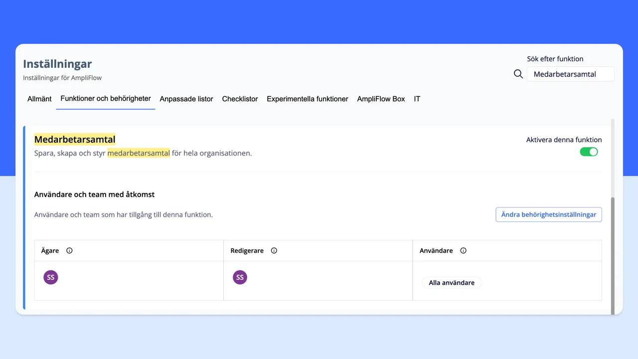 Behörighetsinställning för medarbetarsamtal i AmpliFlow med roller för ägare, redigerare och användare