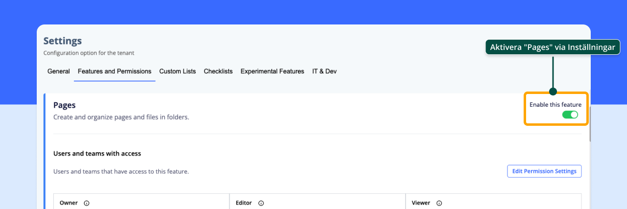 Behörighetsinställningar i Pages