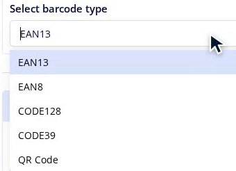 Vallistan visar EAN13, EAN8, CODE128, CODE39 och QR Code.