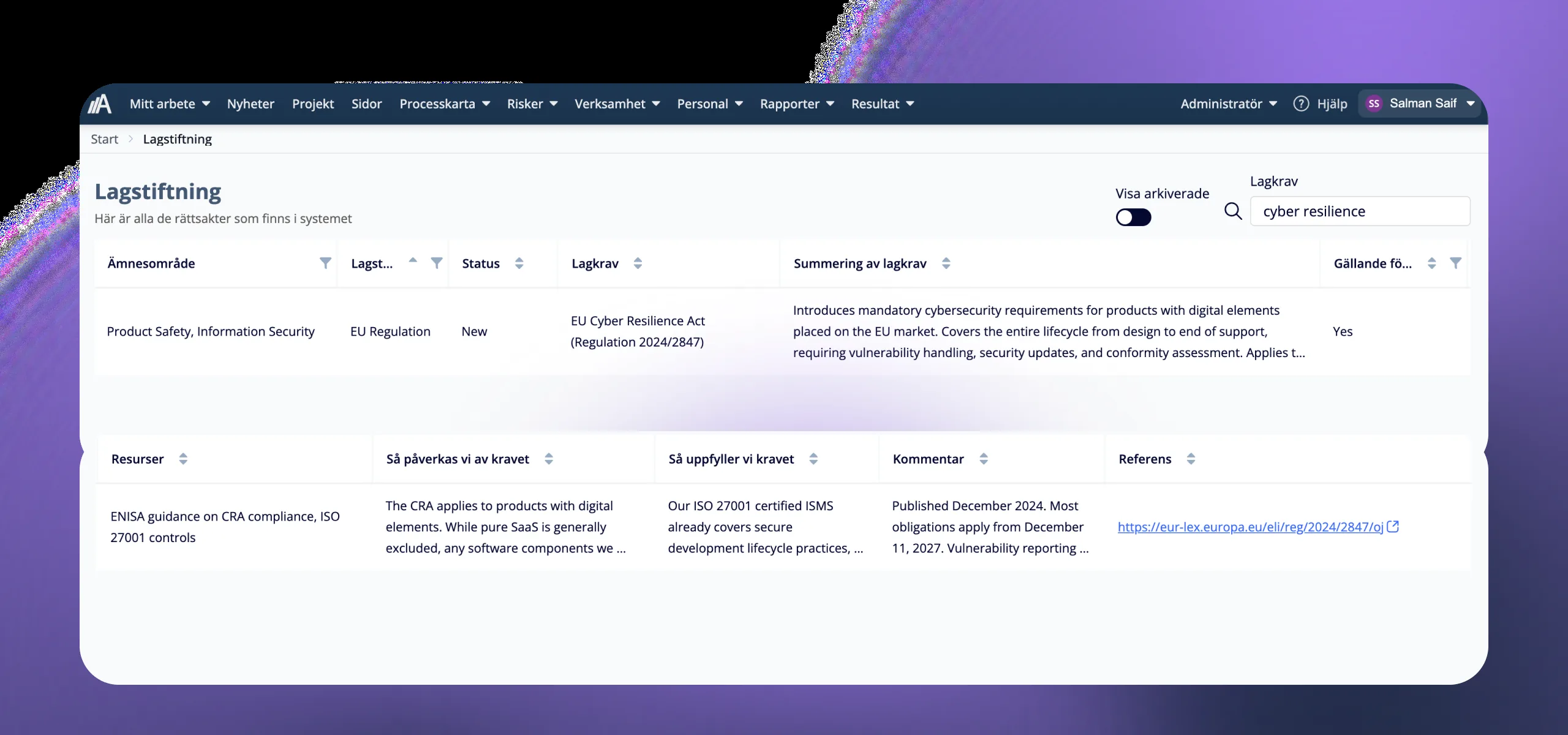 Skärmbild av lagkrav i AmpliFlow med laglista, ansvar, status och uppföljningsdatum.