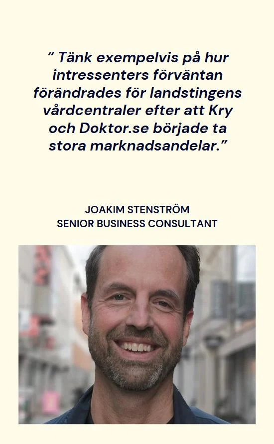 Citatkort med Joakim Stenström om hur intressenters förväntan förändrades när digital vård tog marknadsandelar.