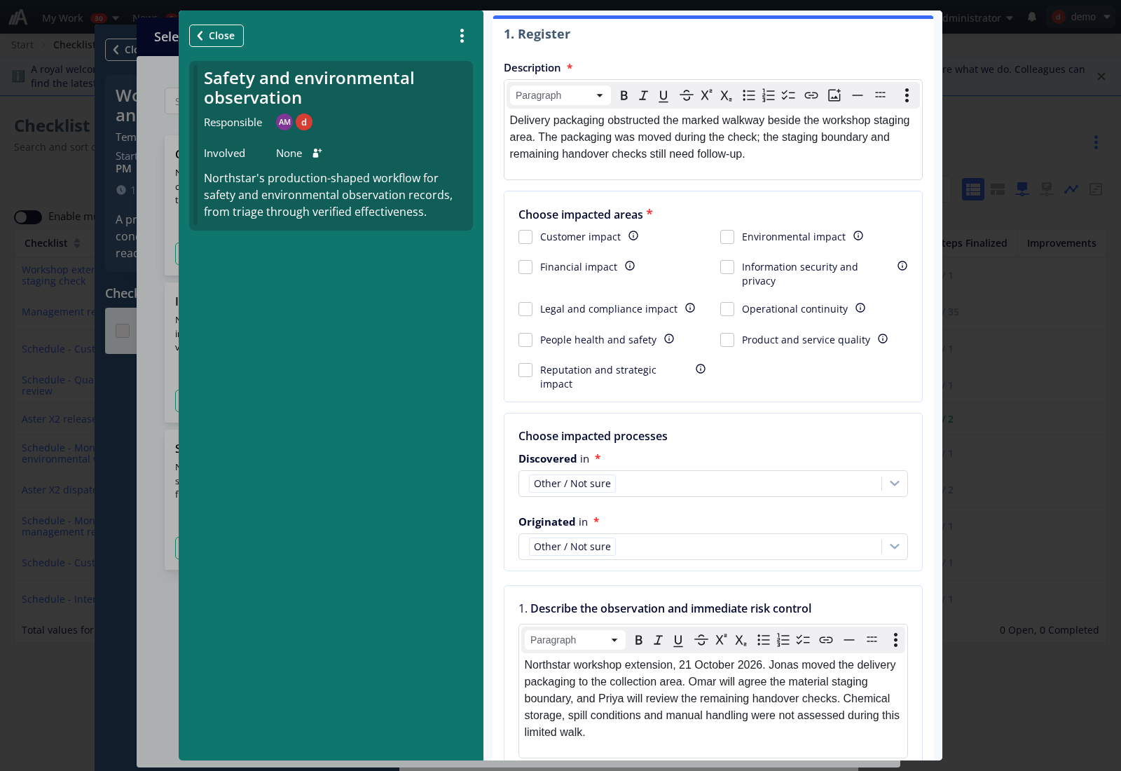 Ifyllt utkast till avvikelserapport, startat från en checklisteaktivitet.