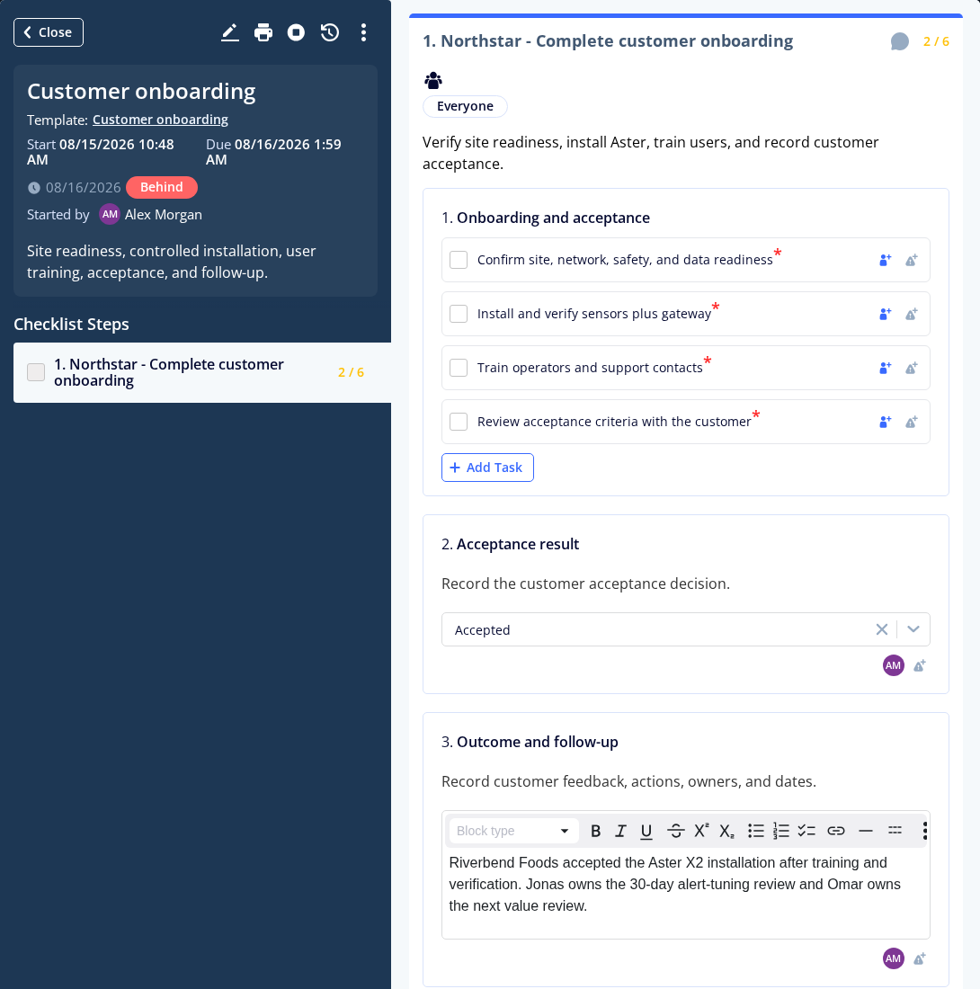 Kundintroduktionschecklista med fyra omarkerade kontrollpunkter, ett registrerat acceptansresultat och text för uppföljning.