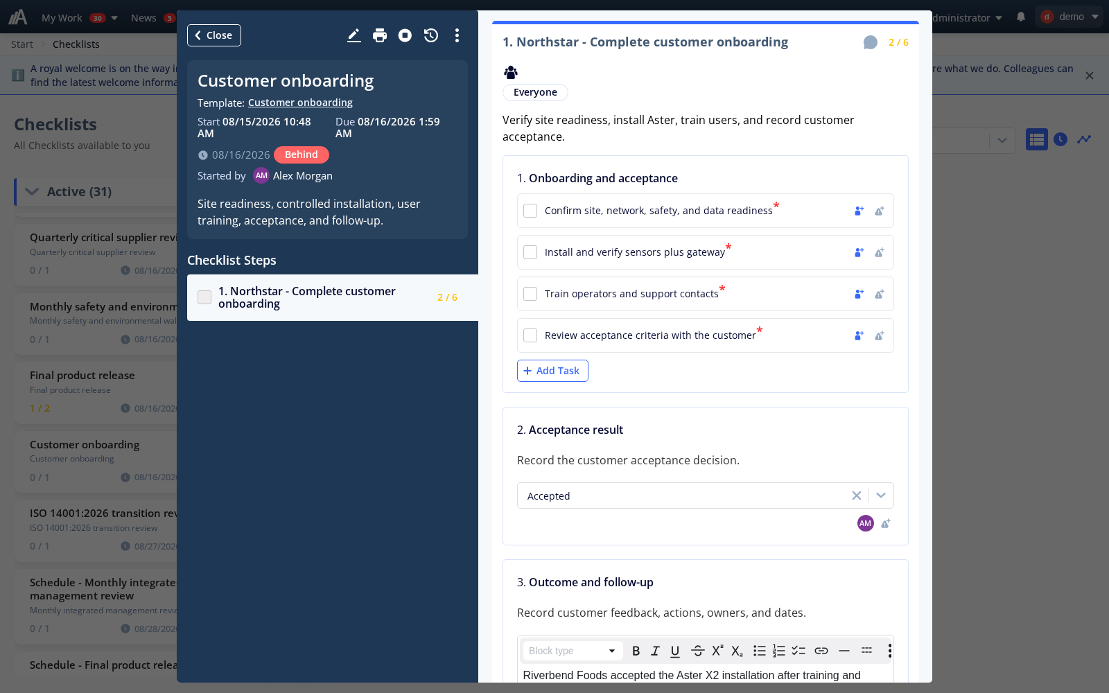 Påbörjad kundintroduktionschecklista med fyra omarkerade kontrollpunkter och registrerade svar.