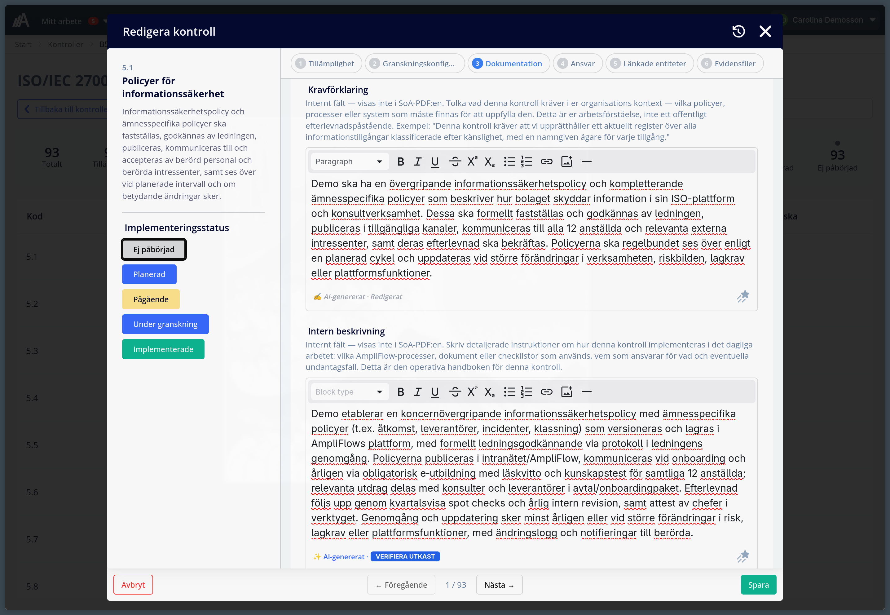AI-genererad dokumentation för ISO 27001-kontroll 5.1 i AmpliFlow: kravförklaring och intern beskrivning med AI-genererat innehåll markerat.