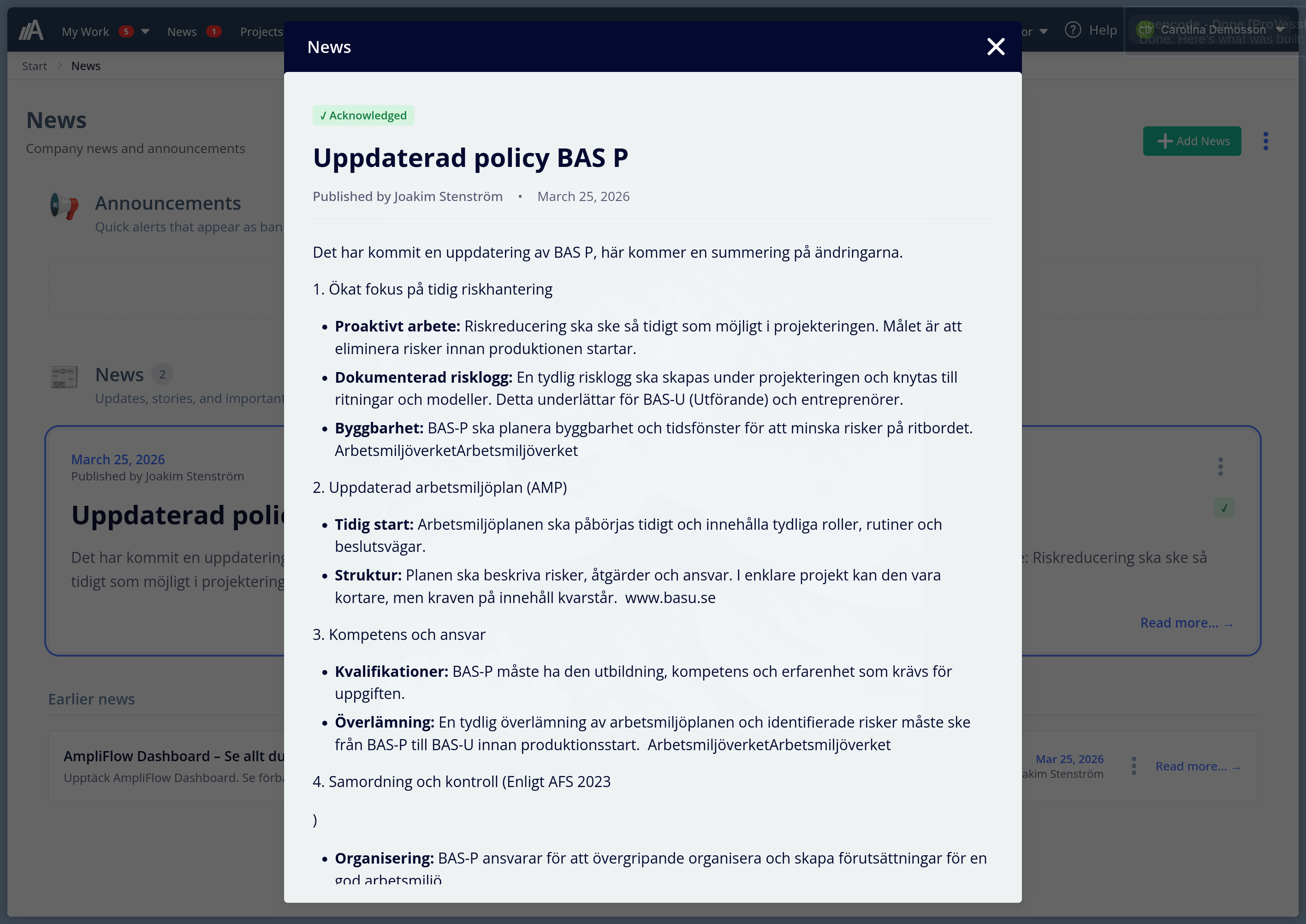 Nyhetsartikel öppen i AmpliFlow: 'Uppdaterad policy BAS P' med acknowledged-märkning, pubiceringsdatum och formaterad brödtext med punktlistor.