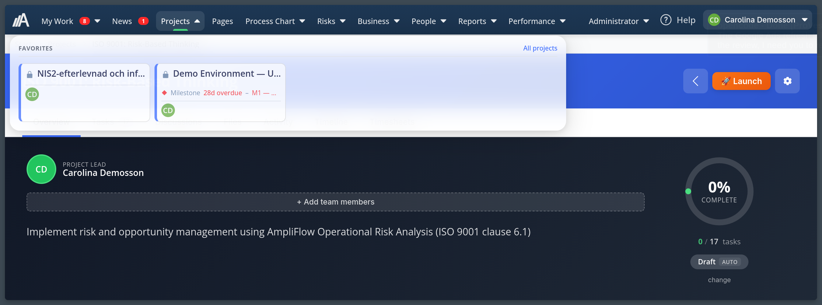 Projekt-megamenyn i AmpliFlow med FAVORITES-sektion som visar de två favoritprojekten direkt vid hovring