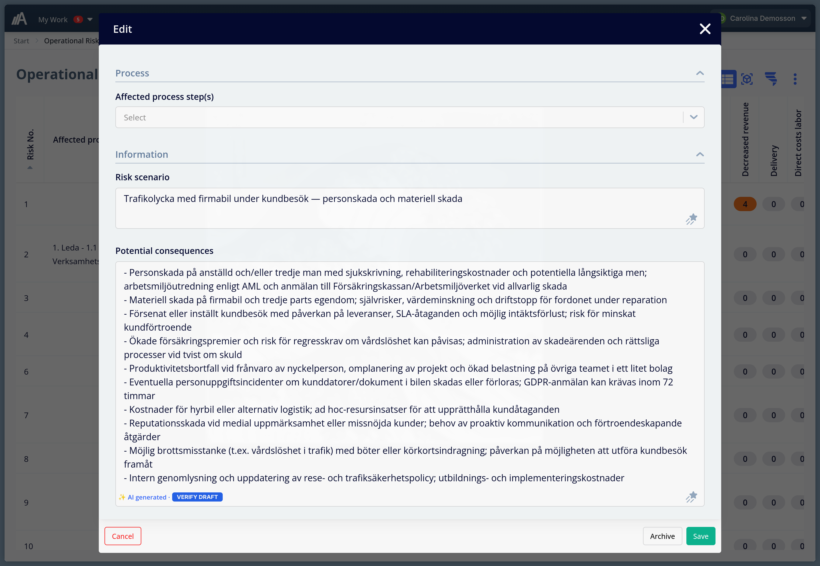AI-genererade potentiella konsekvenser för en operationell risk i AmpliFlow: detaljerade konsekvensförslag baserade på riskscenario.