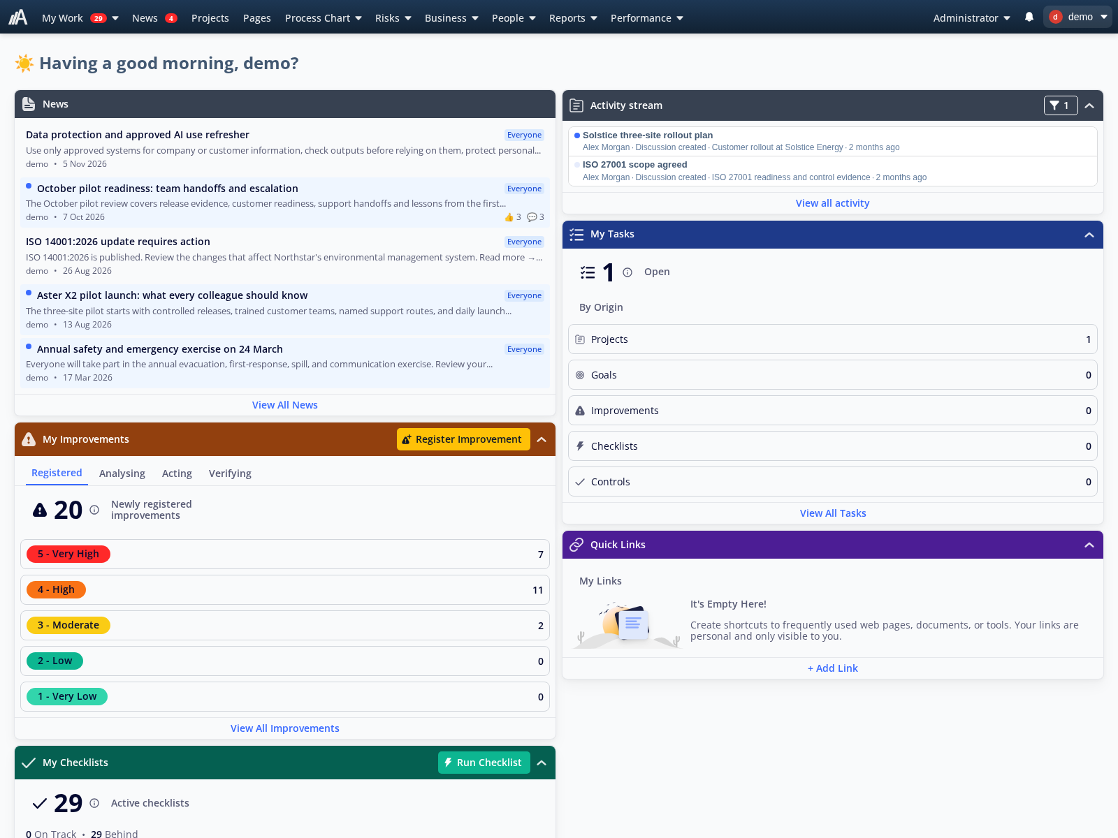Startsida med nyheter, projektdiskussioner och en öppen projektuppgift under Mina uppgifter.